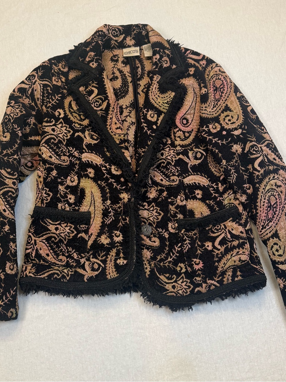 Chico's Black Knit Blazer with Pink and Tan Paisley